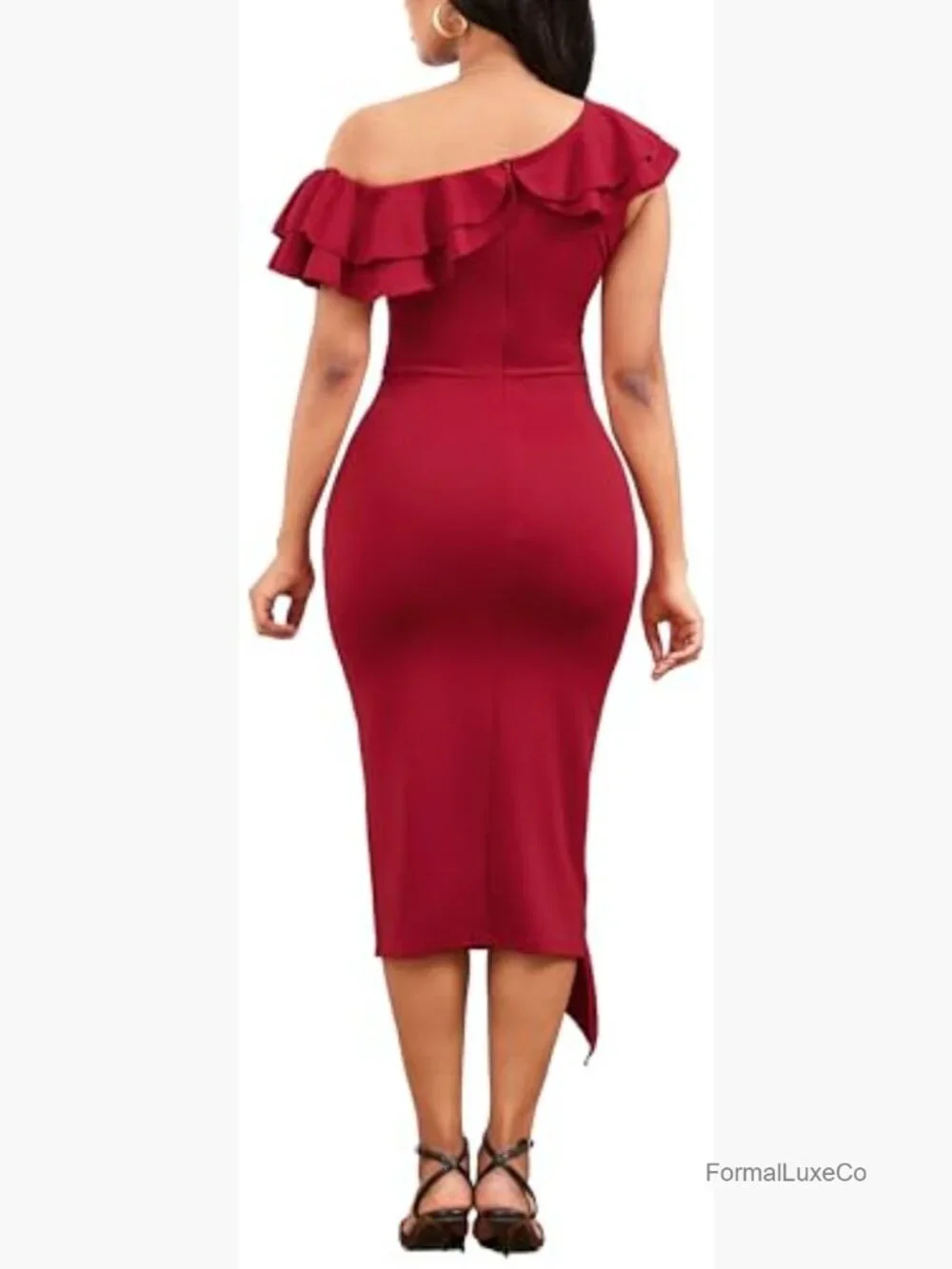 Long Sleeve Ruffle Pencil Dress with Belt - Picture 5 of 5